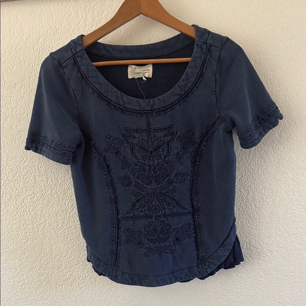 Blue Ruffled Embellished Short Sleeve Blouse